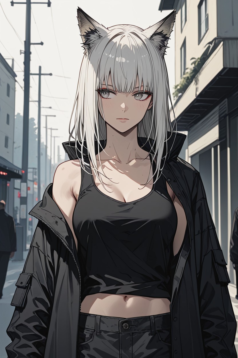 Unbuttoned Black Jacket, Fox Ears, Midriff Hentai AI Porn