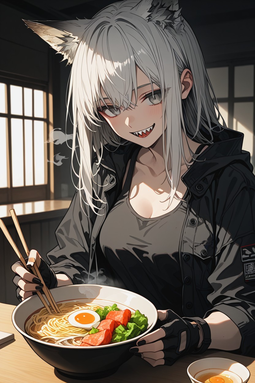 Medium Shot, Eye Level, Lappland Sitting At A Ramen Shop Counter Hentai AI Porn