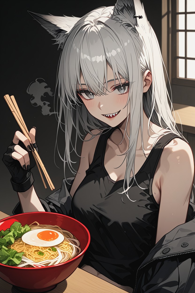Hair Between Eyes, Lappland Sitting At A Ramen Shop Counter, Subtle Humor Hentai AI Porn