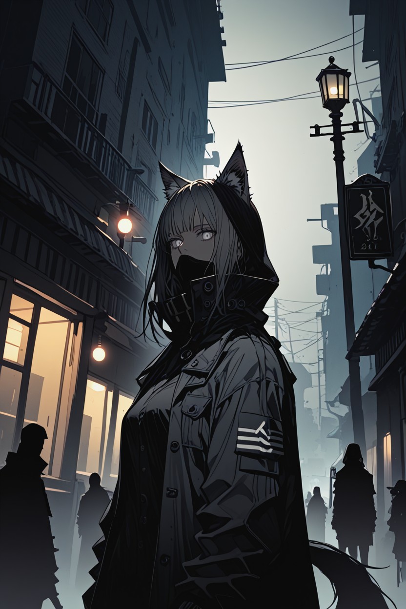 Only Her Silhouette Clearly Visible, Asymmetrical Framing, Grey Eyes Hentai AI Porn