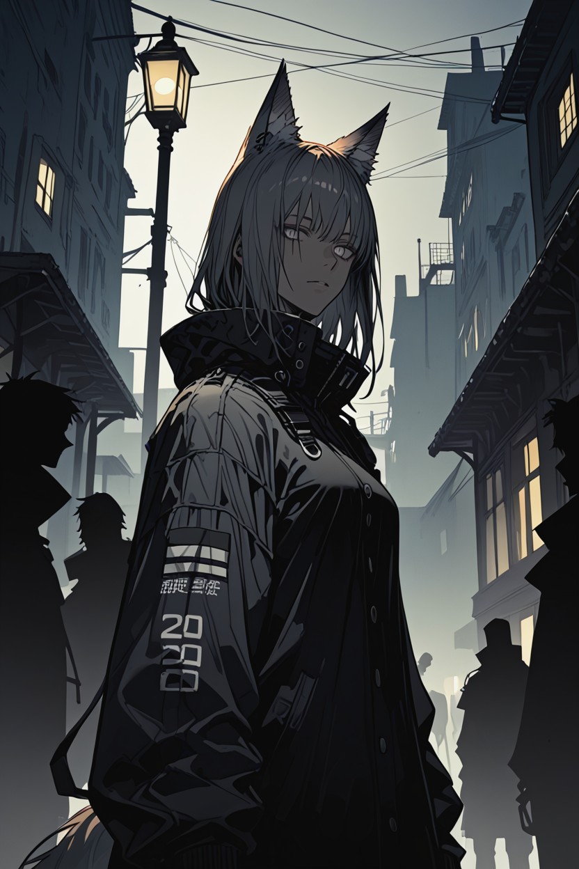 Dark Urban Night, Face Mostly Hidden, Streetlight Illuminating Her Eyes Hentai AI Porn