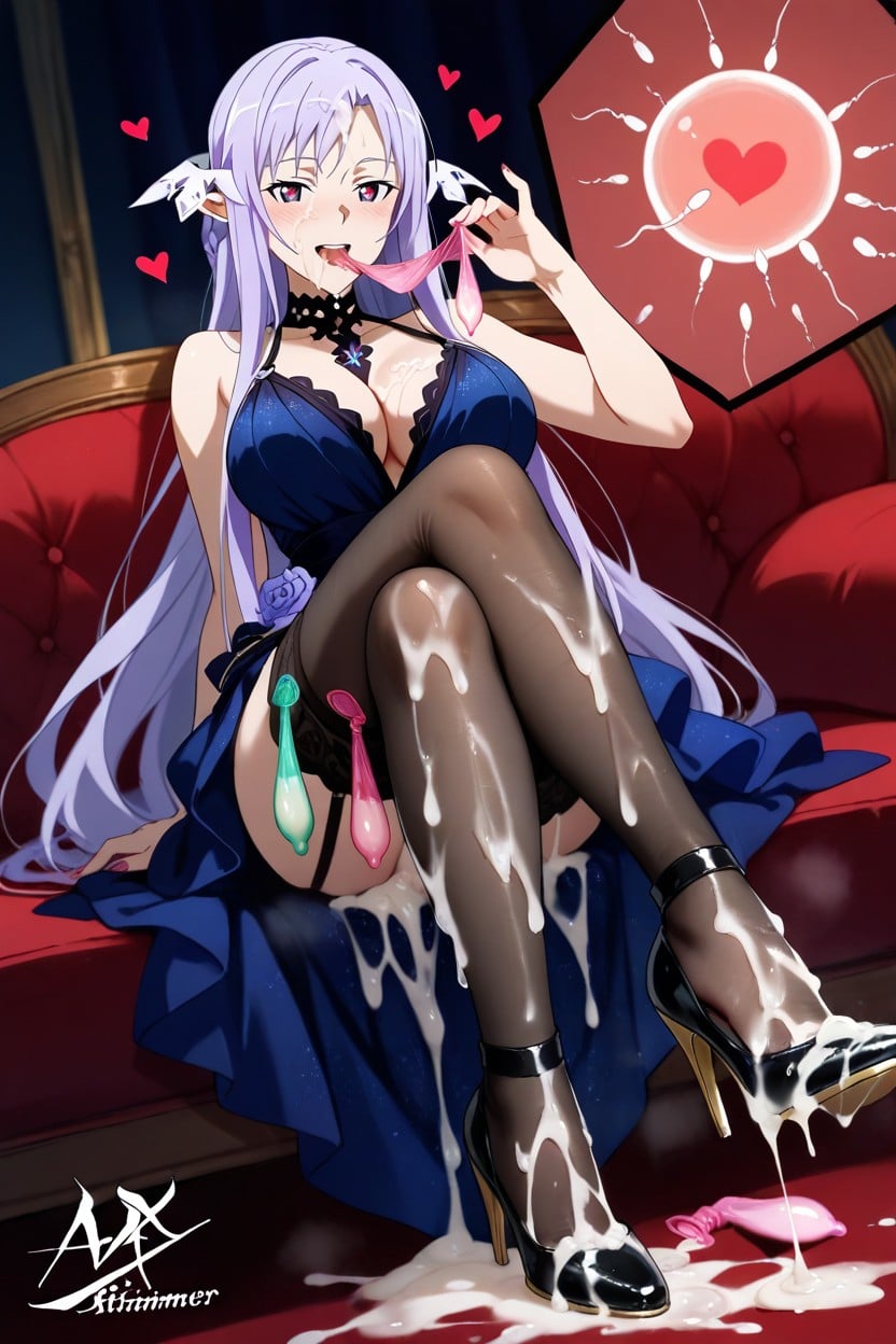 Holding Many Used Condom In Mouth, Cum On Legs, Swallowing Semen Hentai AI Porn