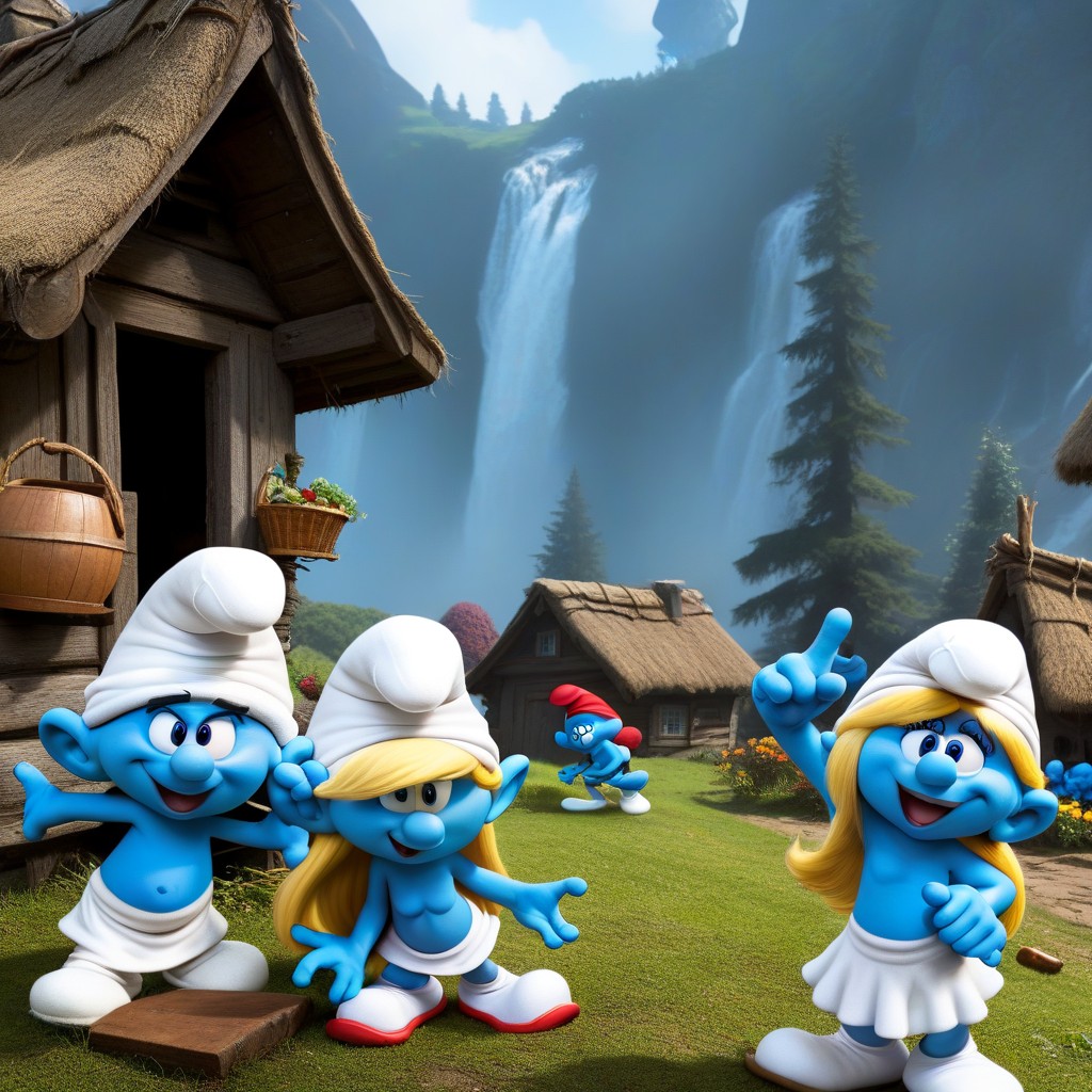 Screenshot From The Smurfs Anime, Smurfs Standing Near Huts And Talking, Cartoon Style AI Porn