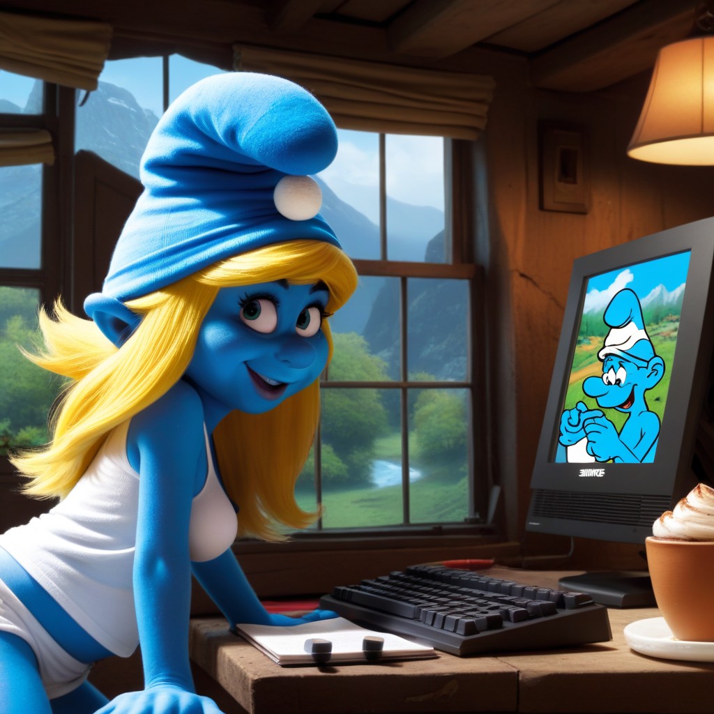 Cartoon Art Style, Smurf Village Behind Window, Cartoon Art Style AI Porn