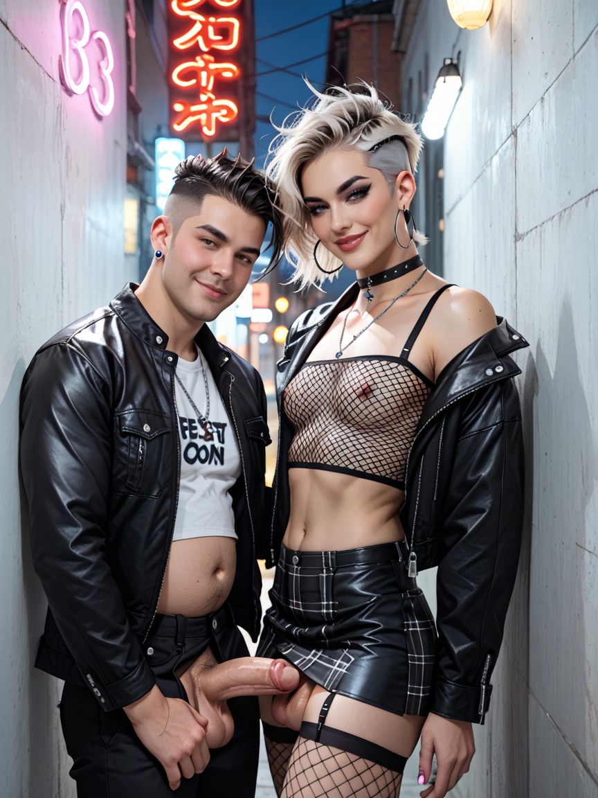Glossy White Goth Hair, Large Detailed Penis, Neon Lights Shemale AI Porn