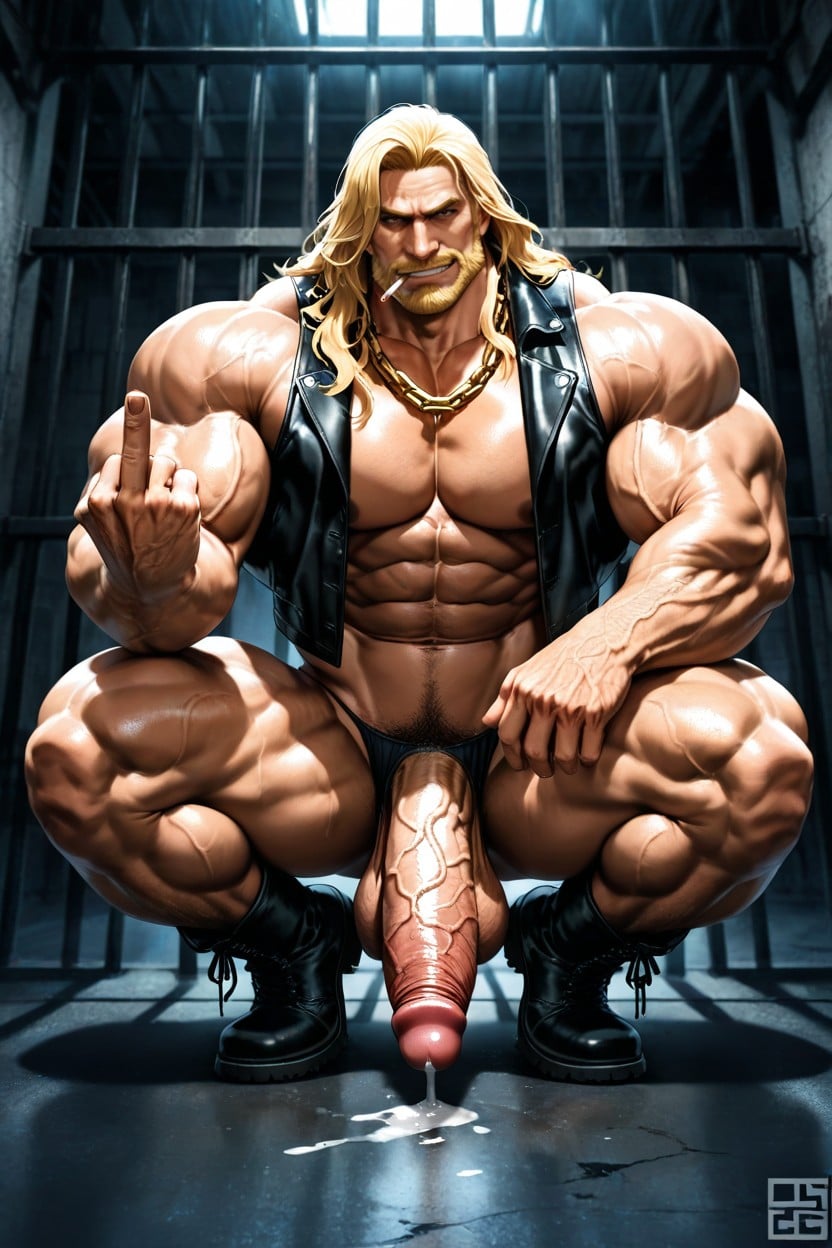 Vertical Iron Bars In Background, Blonde Long Hair, Vista Frontal Pornografia gay com IA