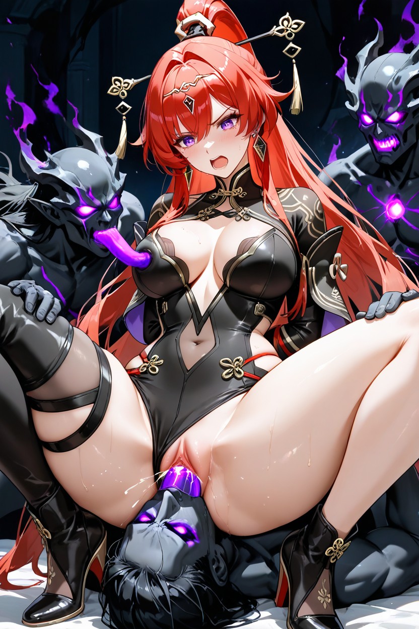 Violet Eyes, Anime Woman, Fitted Lower Outfit With Integrated Side Panels And Red Inner Lining Hentai AI Porn