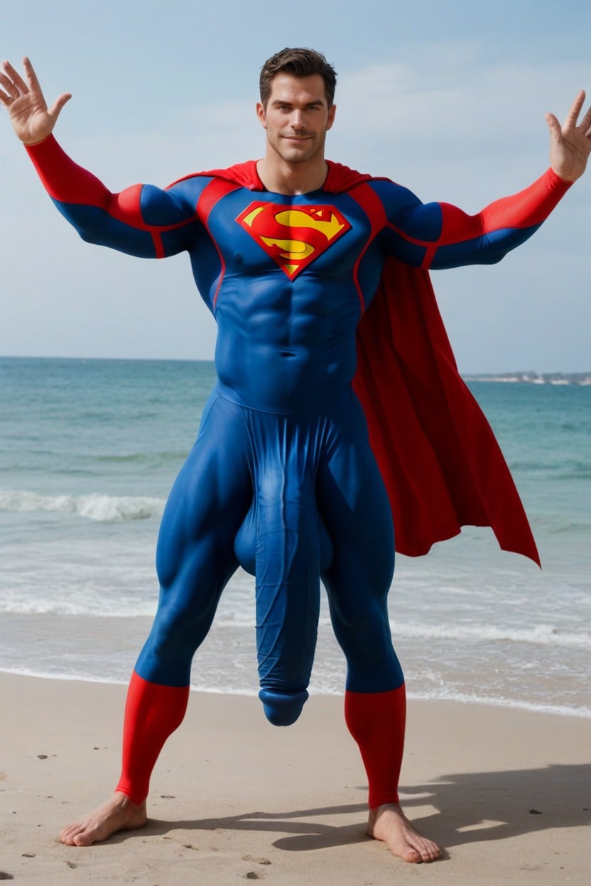 Plage, Tasteful Photo, Skin Tight Leggings Clearly Showing Massive Hyper Cock Bulge Outline Underneath Porno IA Gay