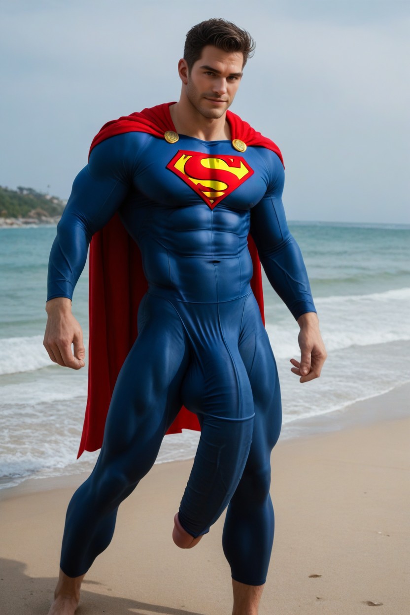 Fully Covered, Superman's Tights With Huge Hyper Cock Bulge Hanging To His Ankles, Tasteful Photo AI同性戀黃片