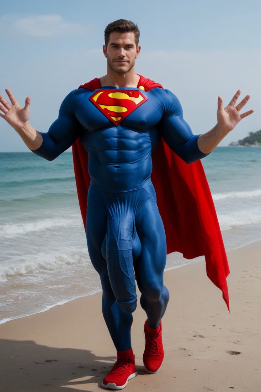 Hyper Six Pack Abs, ウエストショット, Fully Clothed Authentic Superman Shiny Spandex Costume With Hyper Cock Outline Totally Covered With Spandex Leggings ゲイAIポルノ