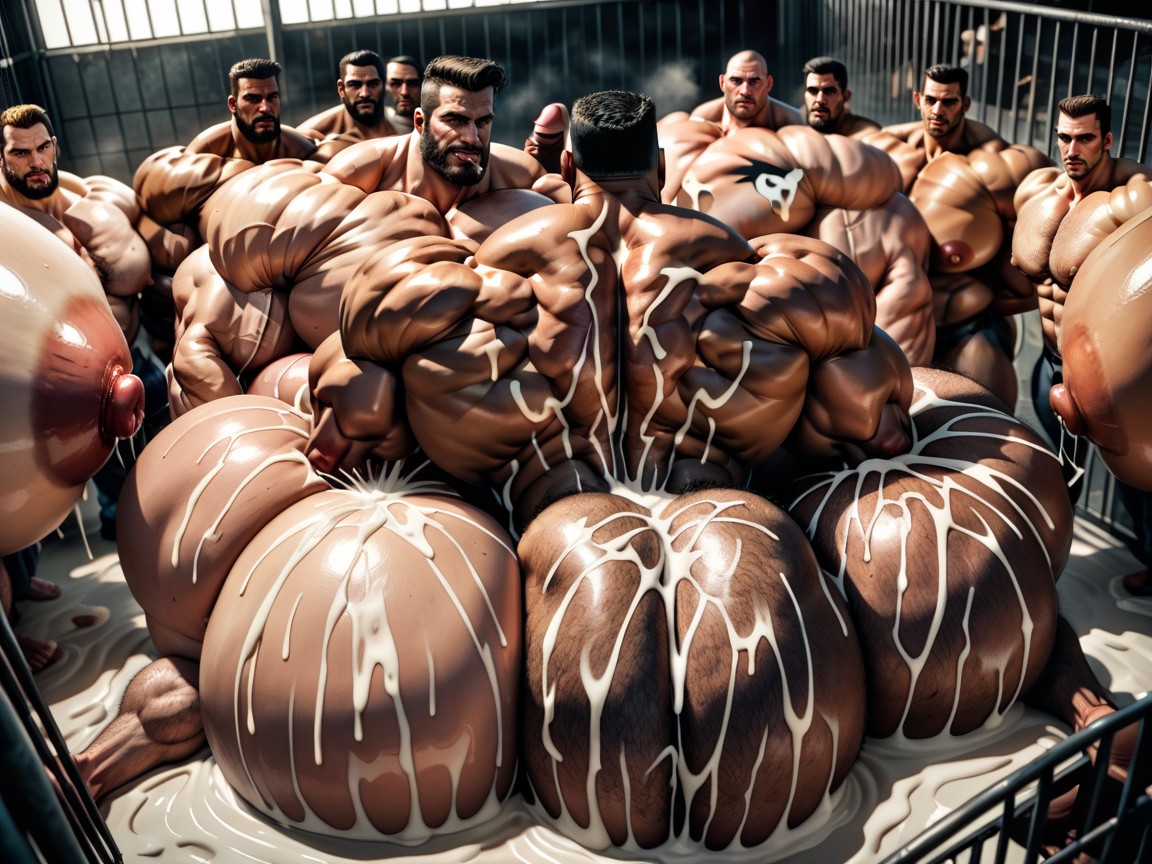 Rough Chiseled Tough Looking Transmen, Huge Hyper Nipples, Gang Bang AI Gay Porn