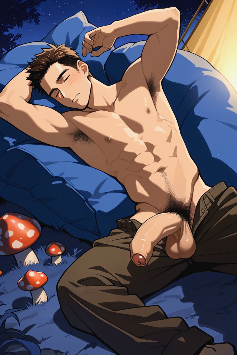 Messy Brown Hair, Camping Tent Interior, Closed Eyes AI Gay Porn