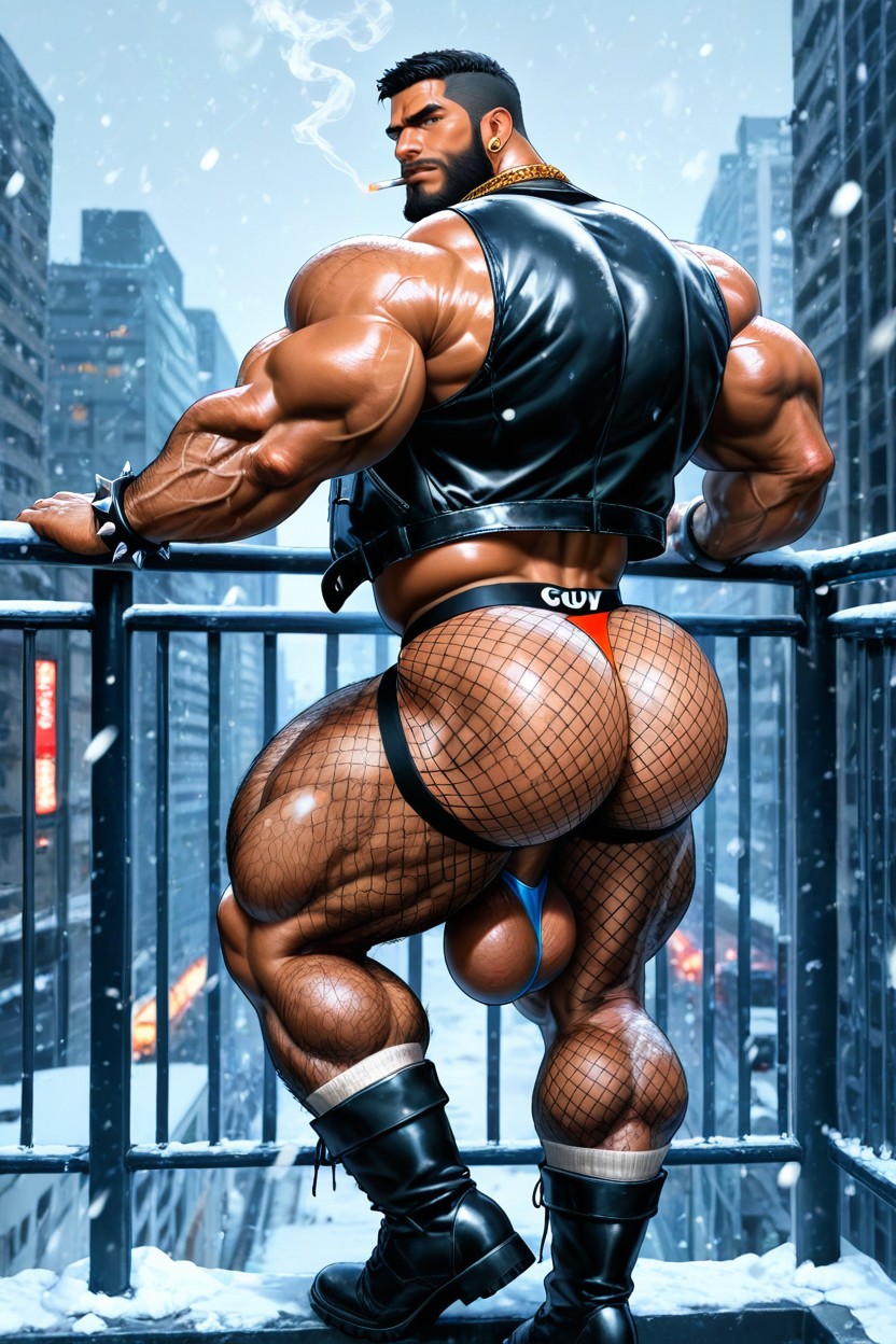 Massive Legs, Bara, Long Sleeves Leather Jacket AI Gay Porn