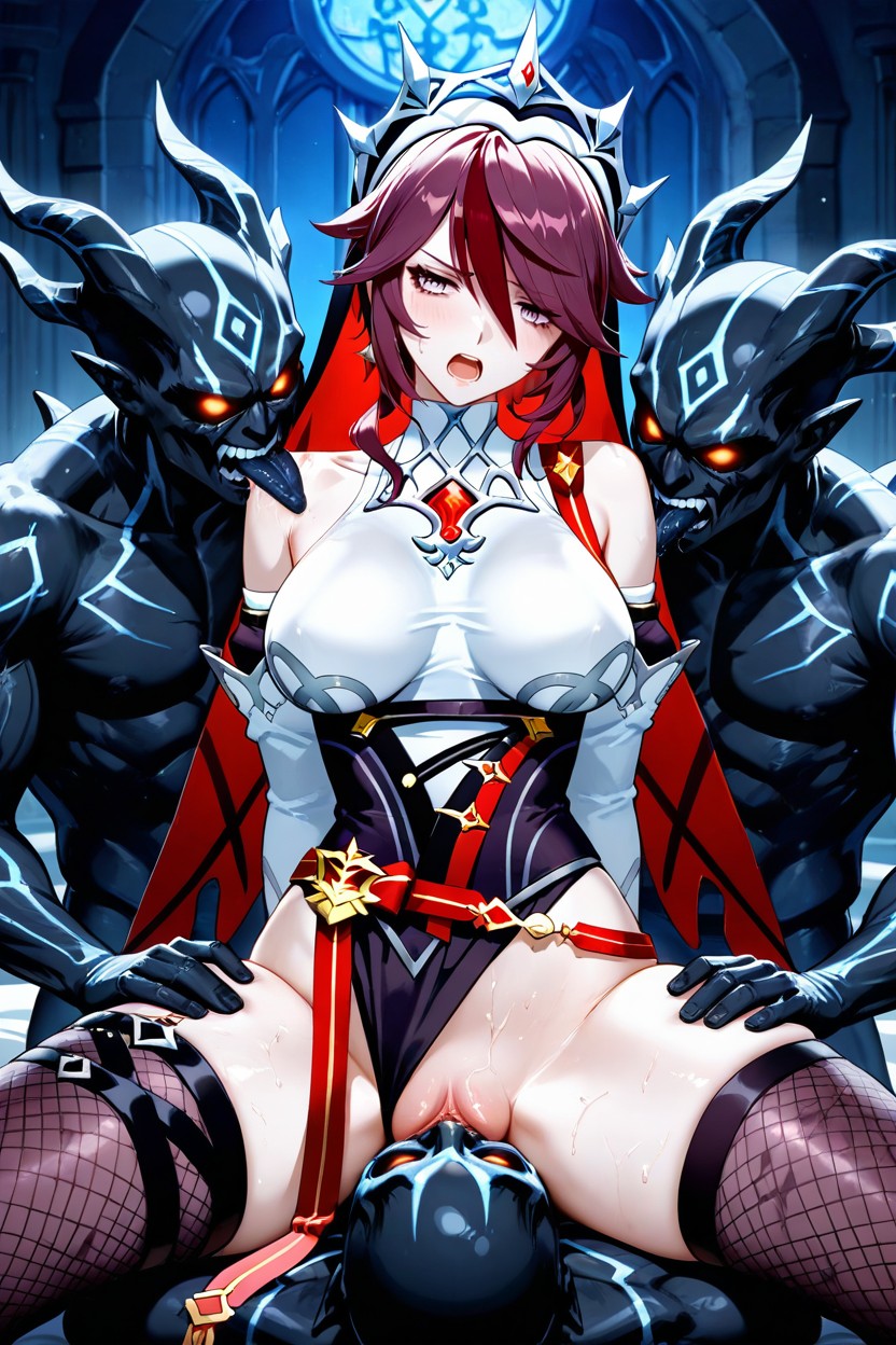 Knee-high Dark Boots With Red And Gold Diamond Motifs, Medium Breasts, Group Sex Hentai IA