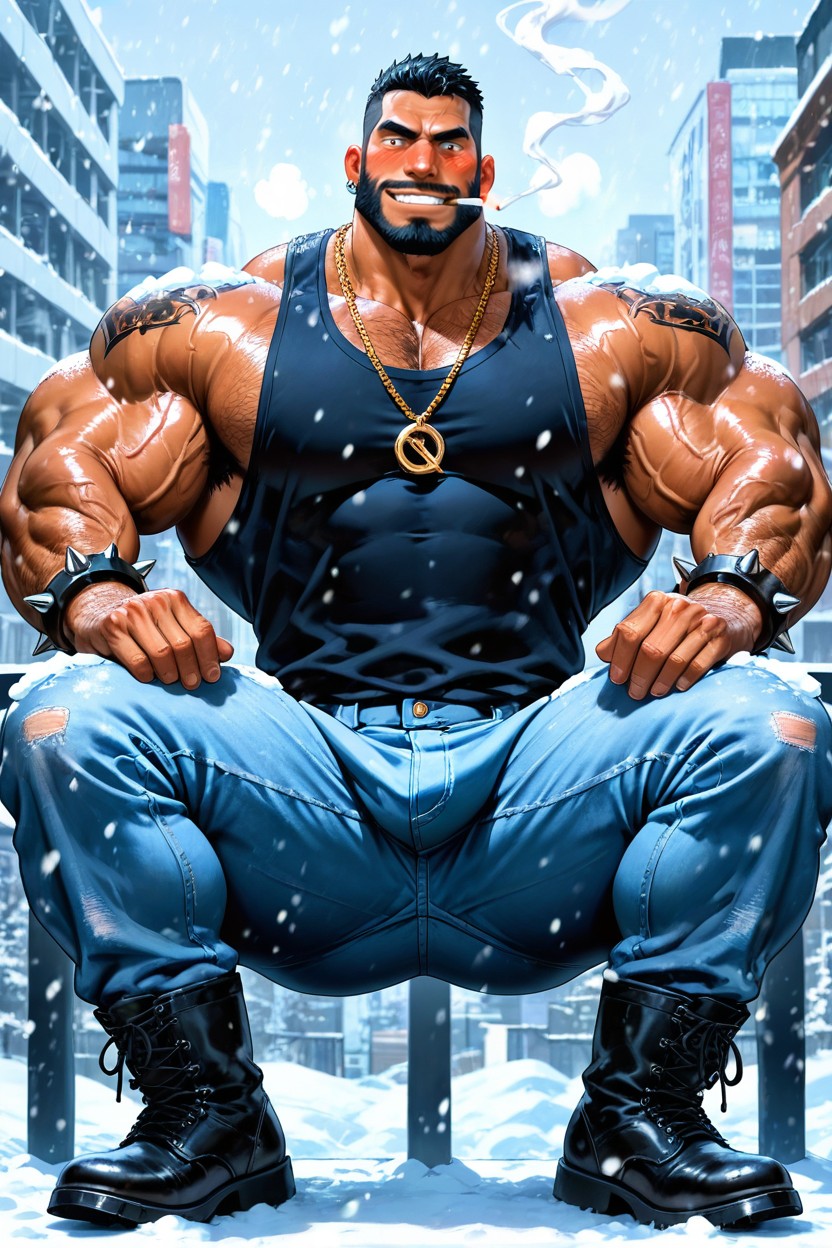 Squatting On The Railing, Sleeveless T-shirt, Veiny Muscles AI Gay Porn