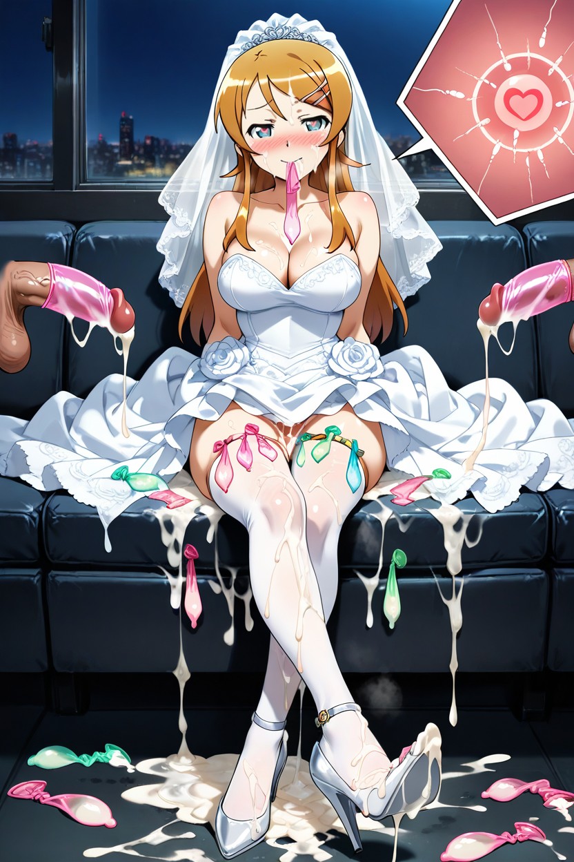 Semen On High Heels, Used Condom, Classic White Wedding Dress With Nude Stockings And Silver Heels Hentai AI Porn