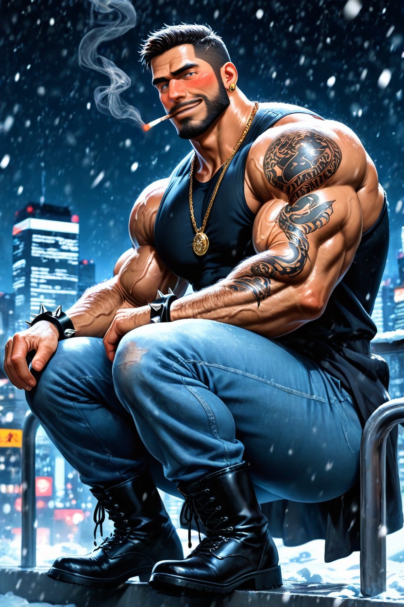 Long Jeans, Squatting On The Railing, Big Earrings AI Gay Porn