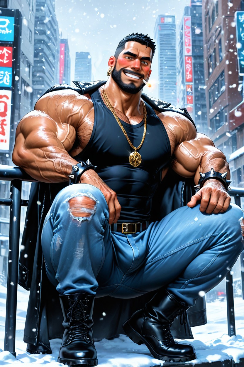 Veiny Arms, Big Veins, Squatting On The Railing AI Gay Porn