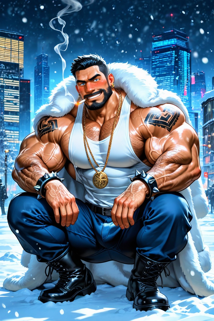 Veiny Arms, Several Big Gold Necklaces, White Sleeveless T-shirt AI Gay Porn
