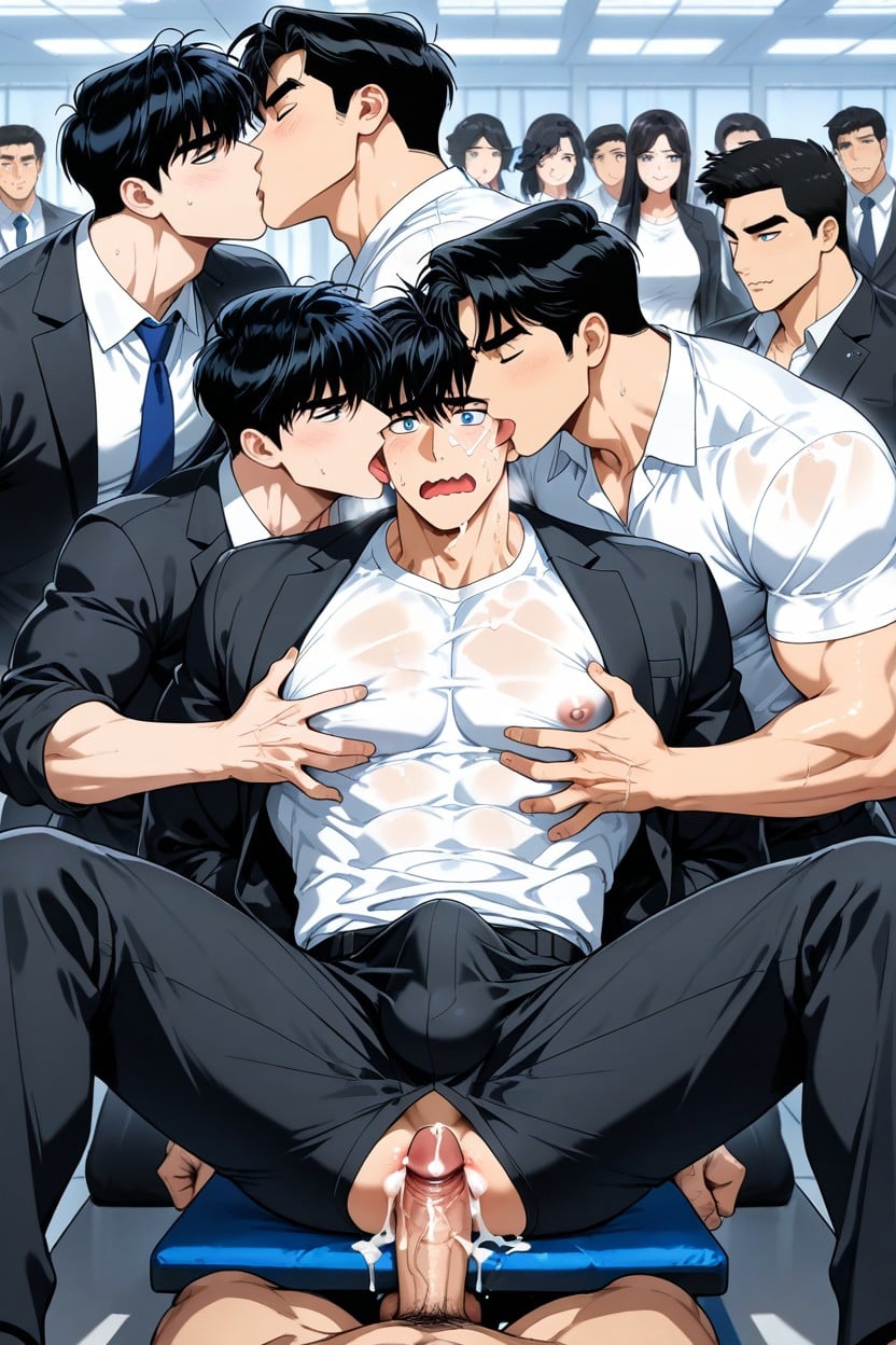 Round Spiral Blue Eyes, Black Hair, Layered Hair AI Gay Porn