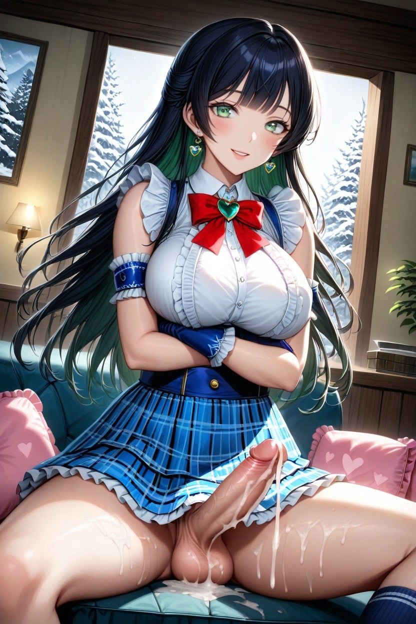 White Frilly Gloves With Red Ribbon, Waist Shot, Navy Blue Socks Hentai AI Porn