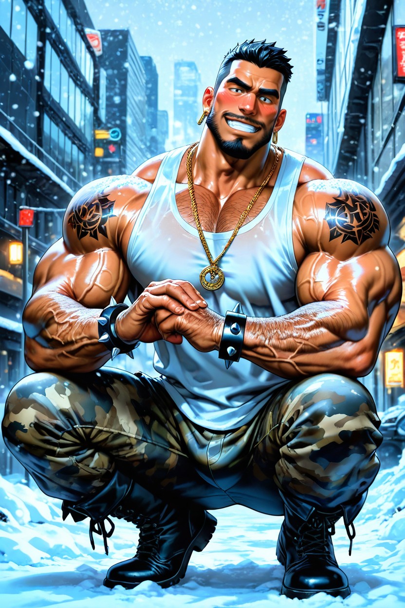 Veiny Legs, Military Boots, White Sleeveless T-shirt AI Gay Porn