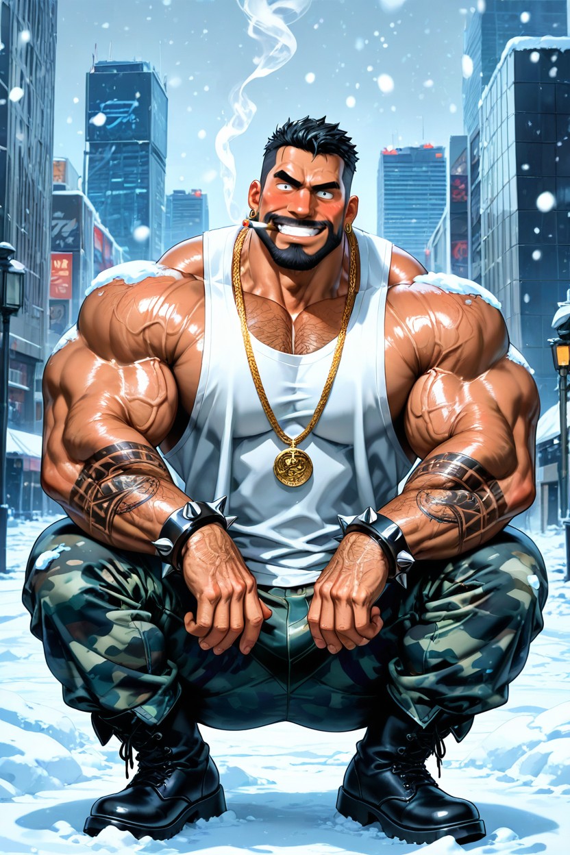 Modern City, Long Black Beard, Bodybuilder AI Gay Porn