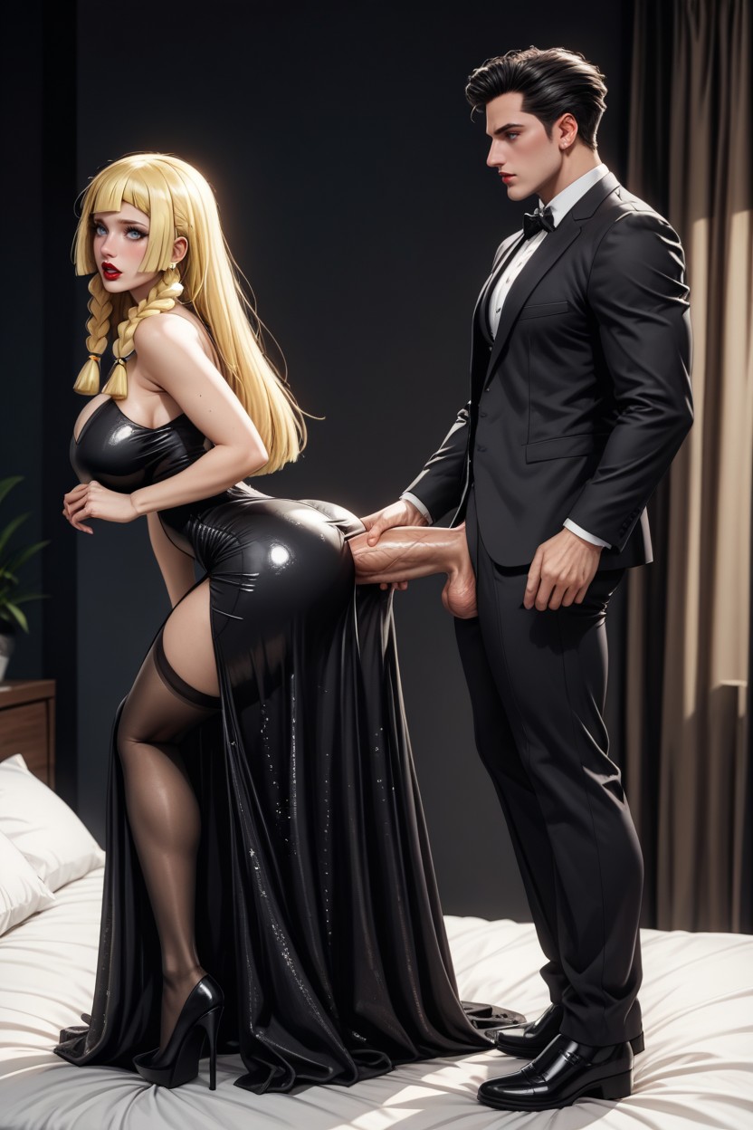 Dark Red Lipstick, Long Red Glossy Dress With Side Split, Light Blue Eyes AI Porn