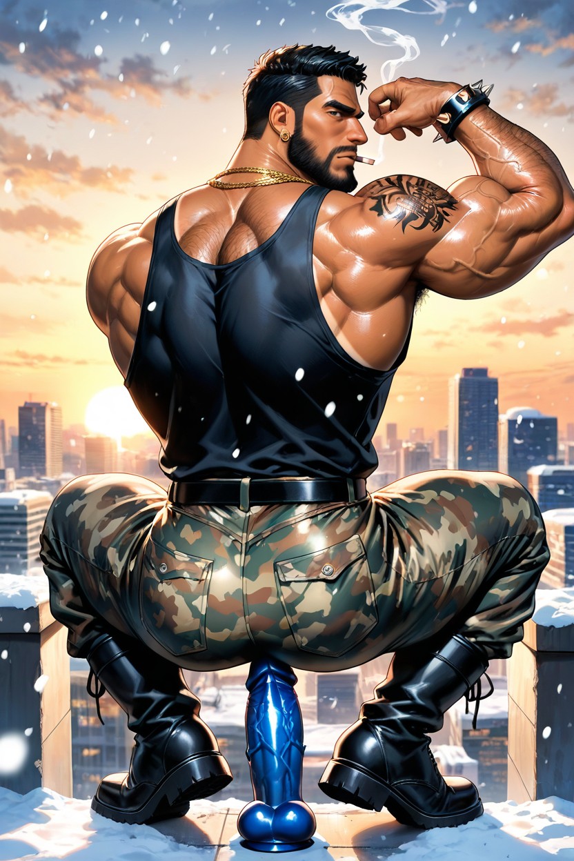 Squatting, Muscular Legs, Neck Wider Than Face AI Gay Porn