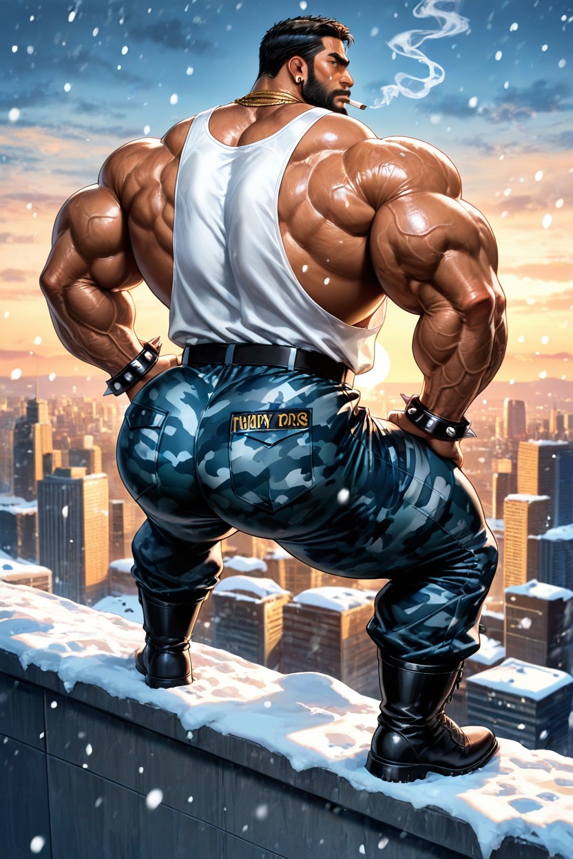 Several Big Gold Necklaces, Rooftop, Low Pants Showing Ass AI Gay Porn