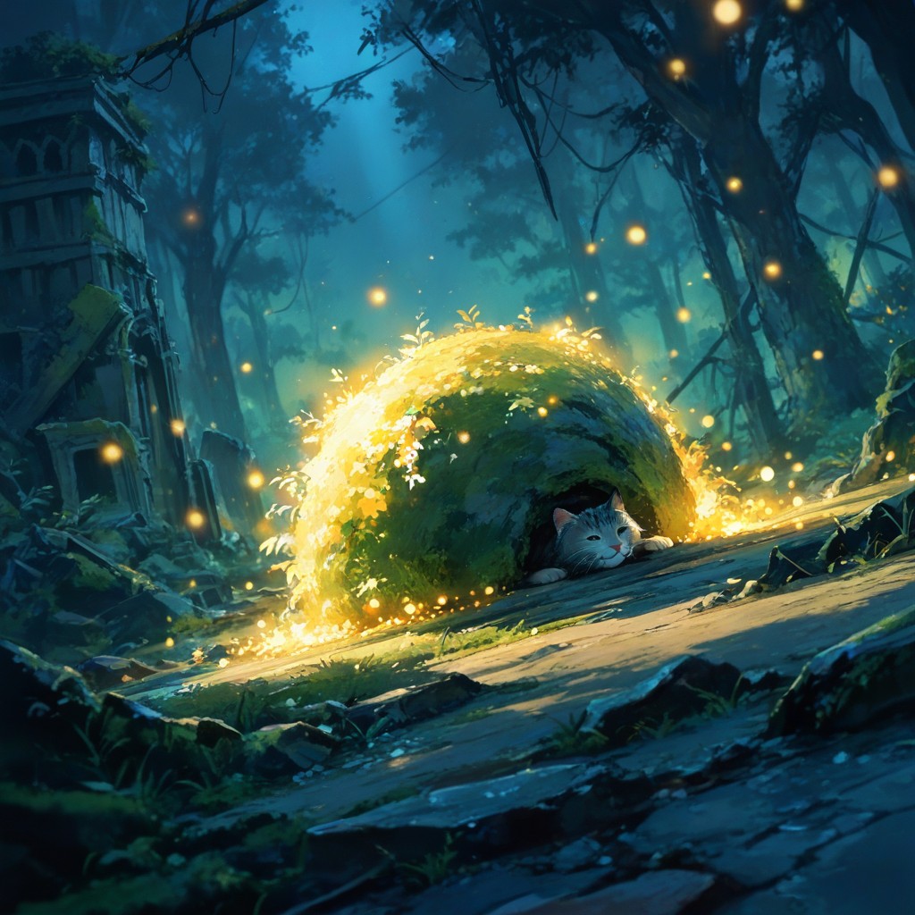 Feline Creature Nearby, Trees, Soft Glowing Particles Illuminating The Scene Hentai AI Porn