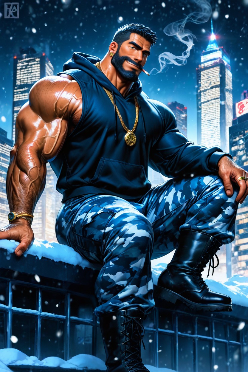 Detailed Muscles, Muscular Legs, Rooftop AI Gay Porn