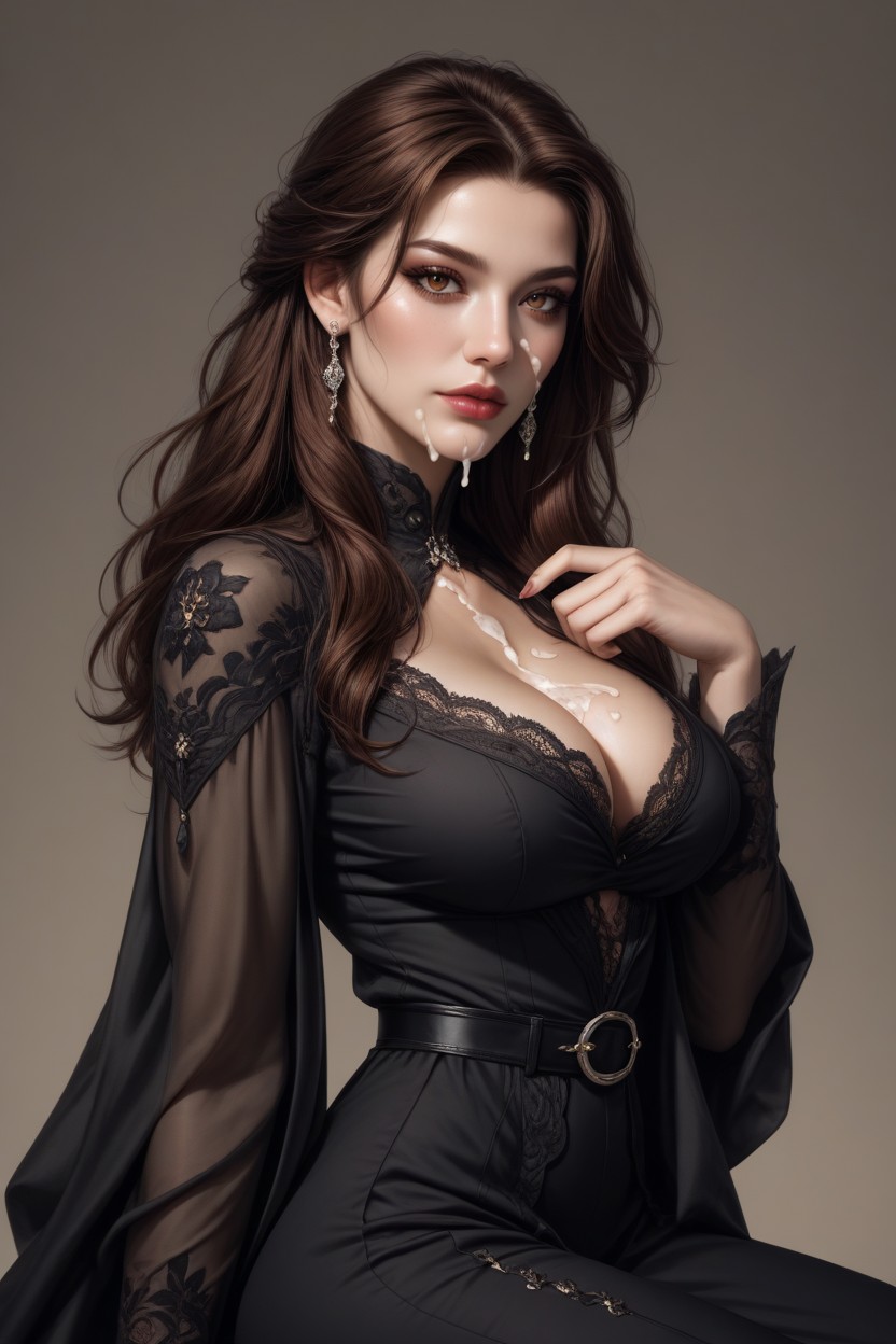 Brown Eyes, Black, And Her Lips Are Painted Red aesthetic The Overall Mood Is Dramatic Hentai AI Porn