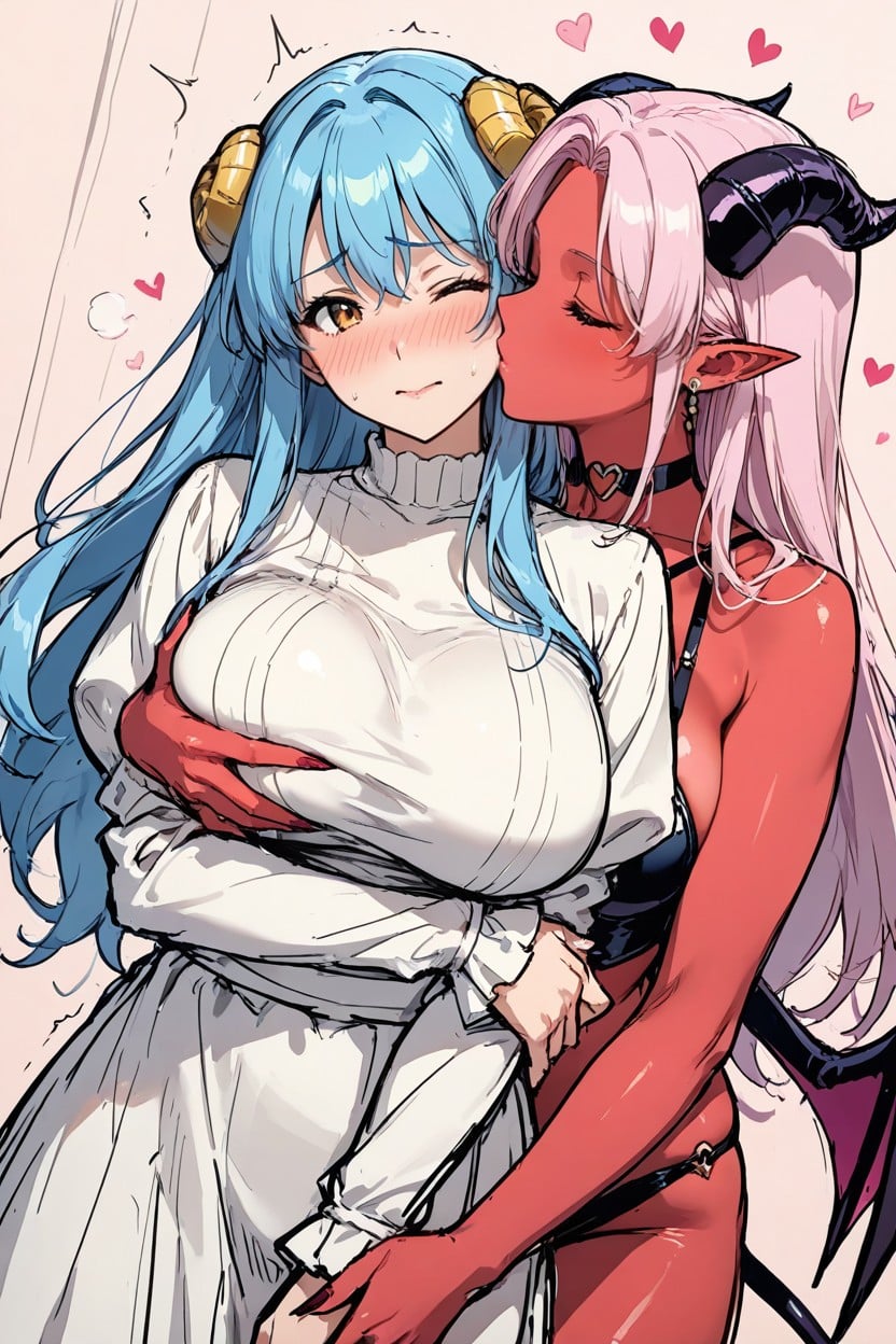Sketch, Kissing Cheek, Succubus Snuggling To Angel Hentai AI Porn