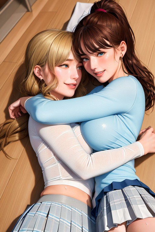 Western Skin, Cleavage, Two Girls Hugging AI Porn