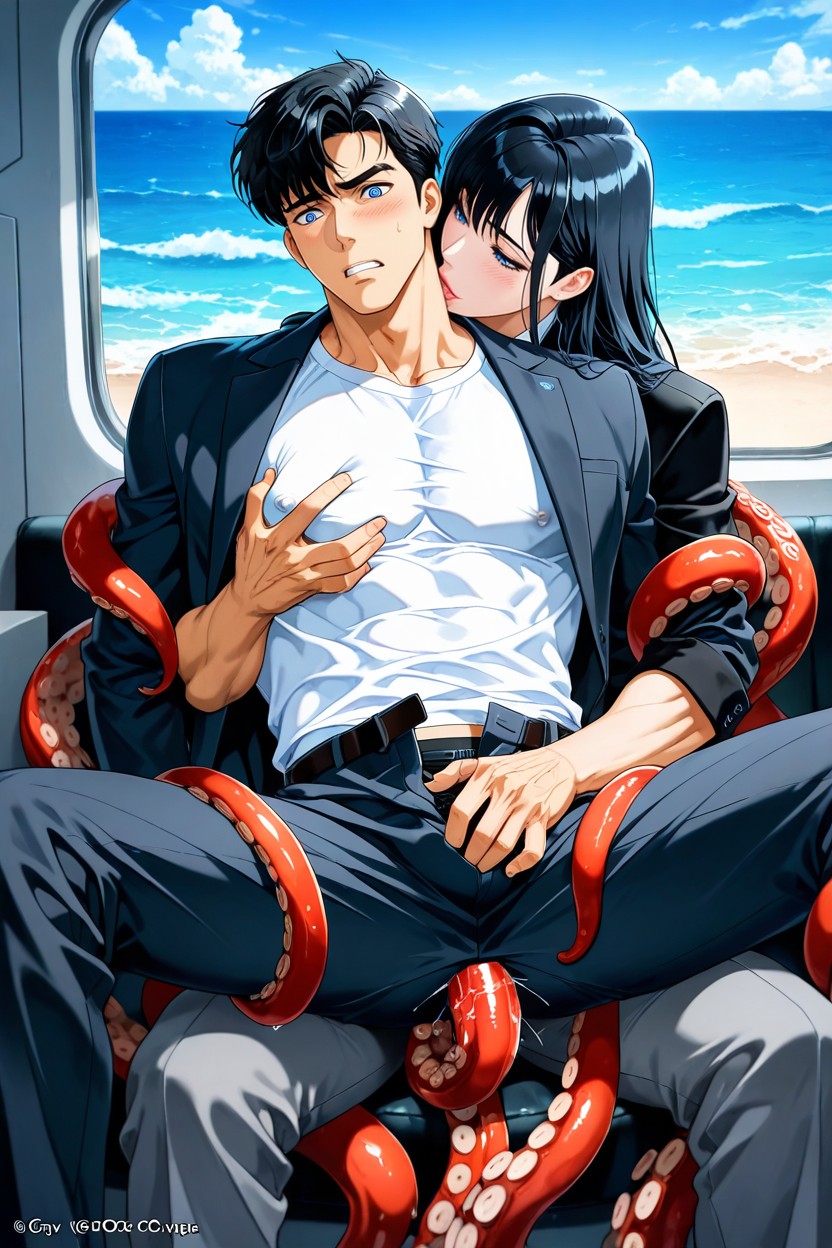 Sitting With Legs Spread, Pants Open To Reveal Black Underwear, Black Jacket Over Shirt AI Gay Porn