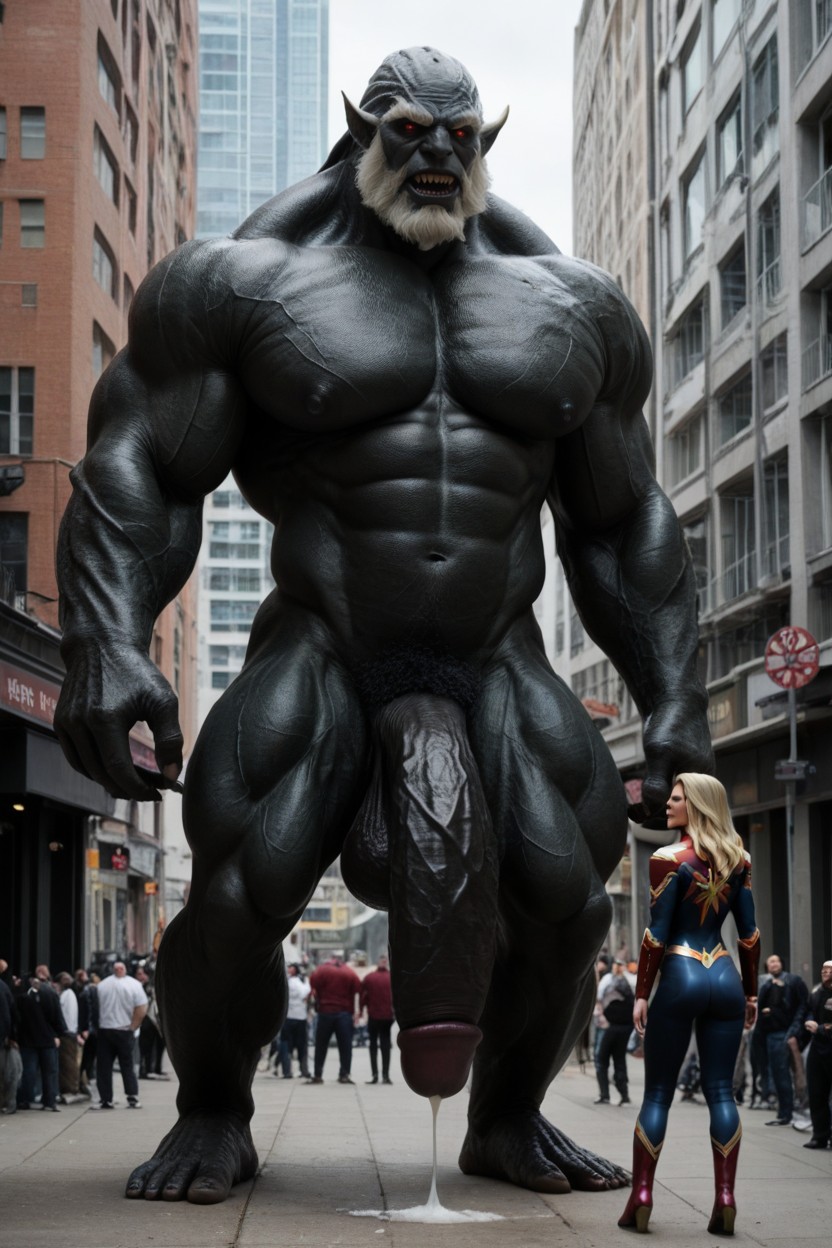 Captain Marvel Standing In Front Of The Monster, Captain Marvel Standing In Front Of Giant Monster And Looking Up, Straight AI Porn