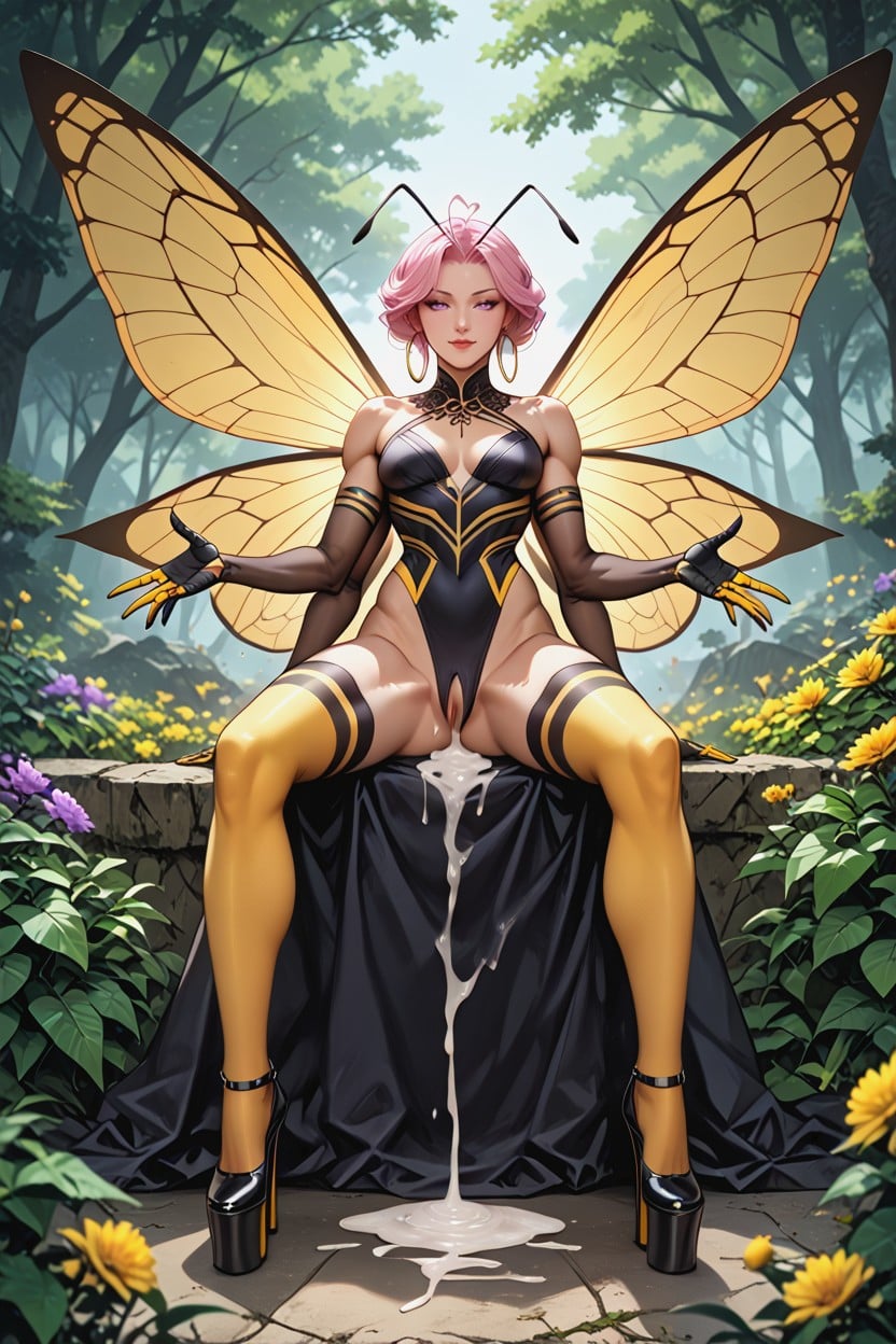 Light Purple Skin, Flying Above Ground, Bee Abdomen At Waist Hentai AI Porn