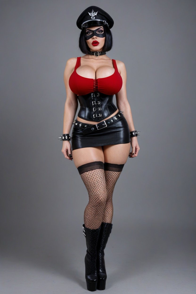 Black Collar With Silver Spikes, Very Short Hair, High Heels Boots AI Porn