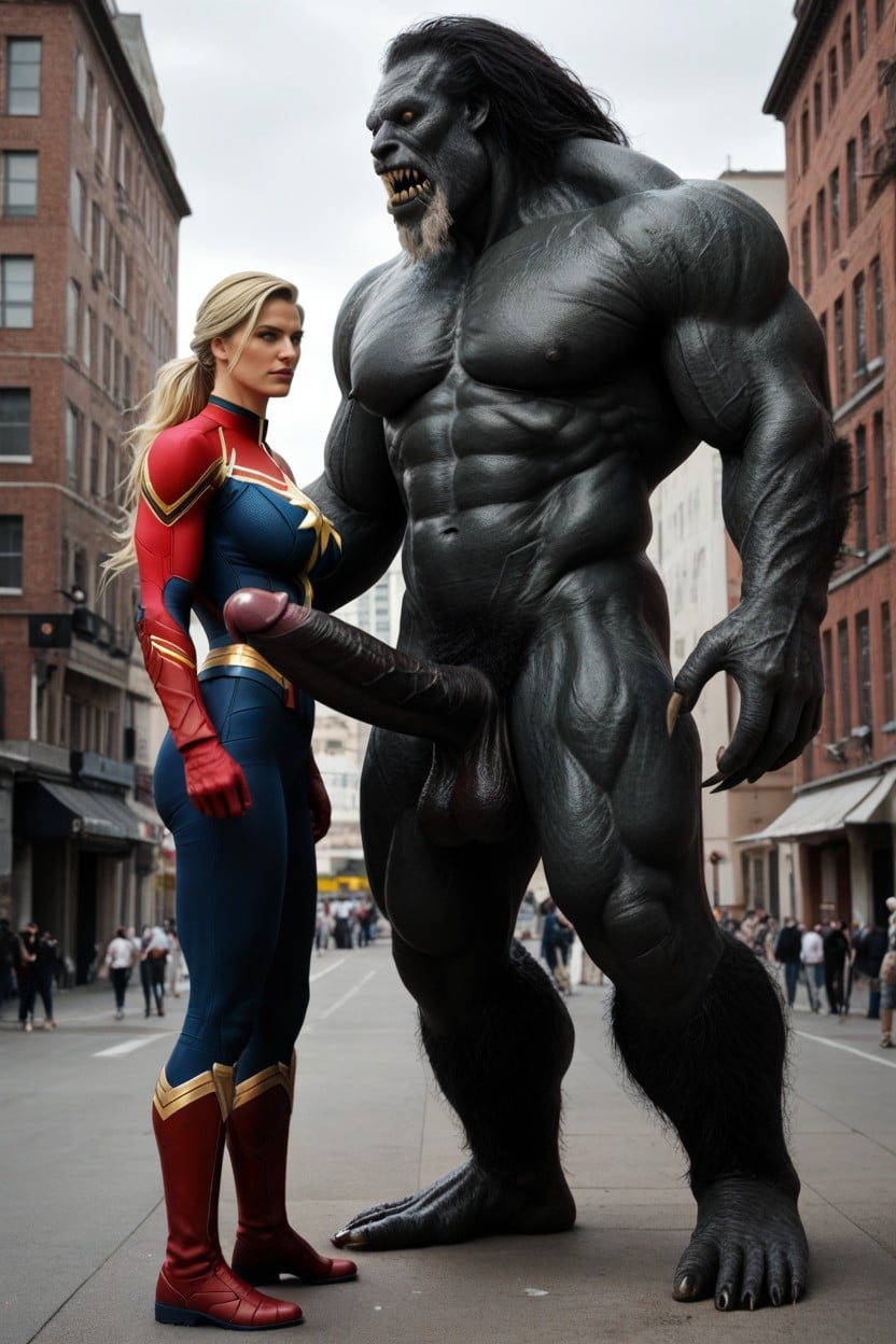 Size Comparison, Woman Standing In Front Of Erect Penis And Looking Up, Hyper-giant Black Cock Thicker Than A Monster's Arm AI Porn