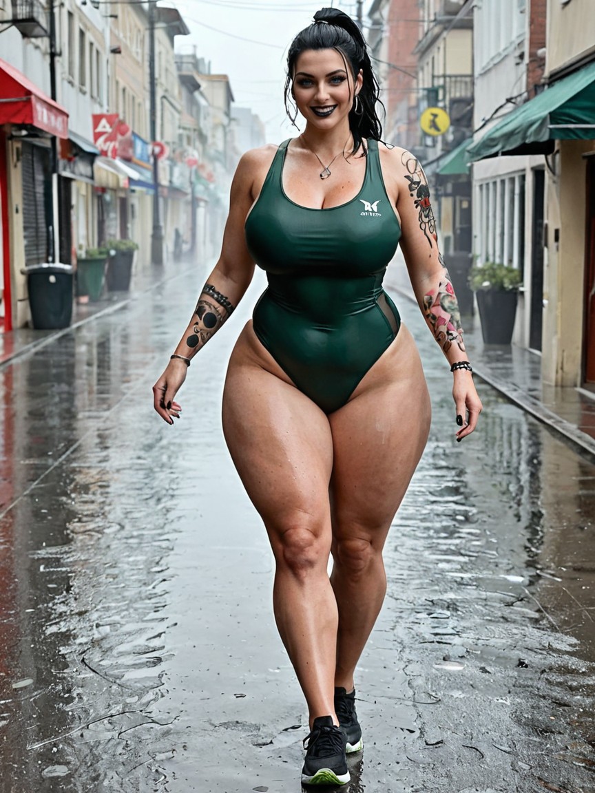 Green V-waist One-piece Swimsuit, Full Body, Black Lipstick AI Porn