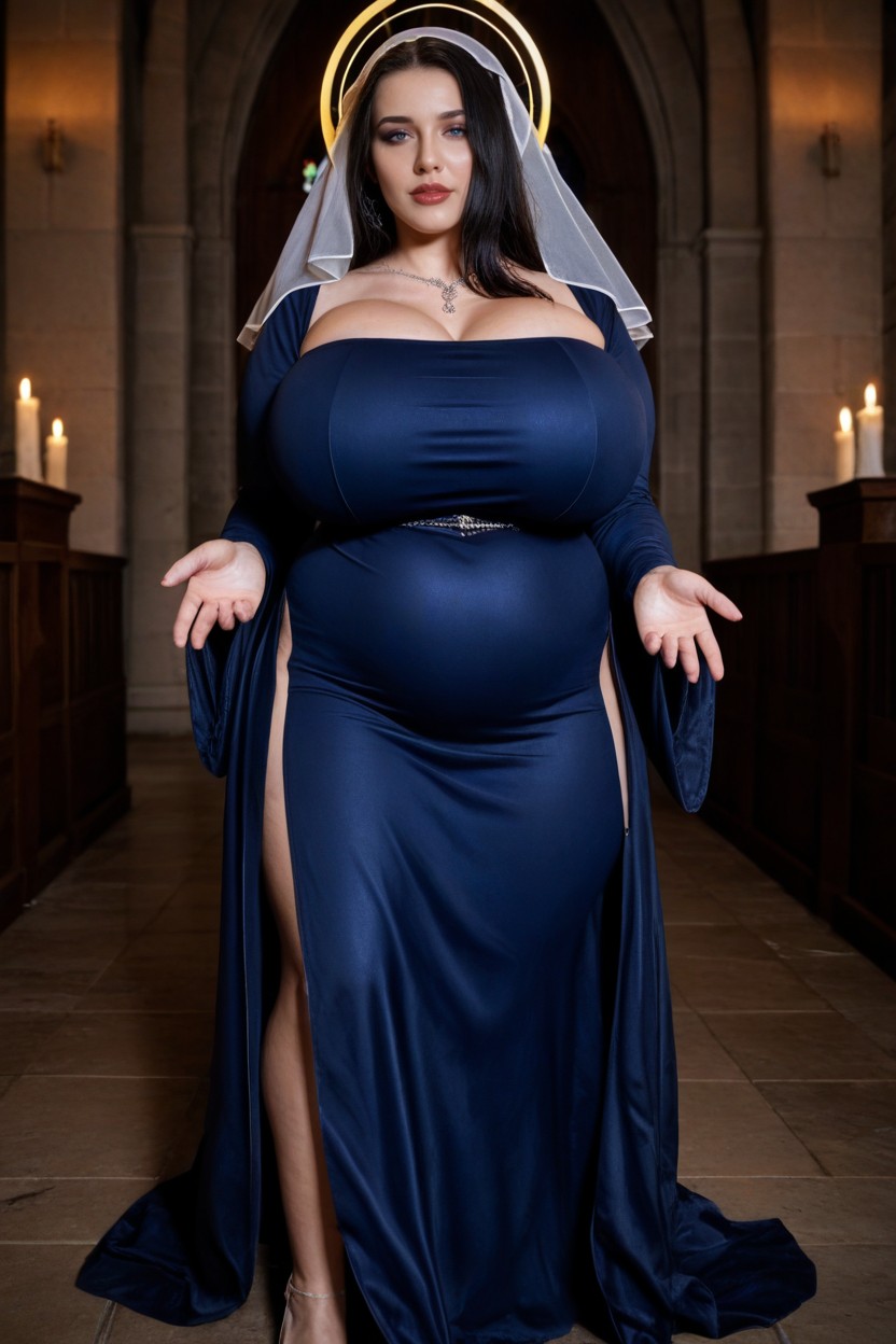 Sacred, Navy Dress, White Long Mantle AI Porn