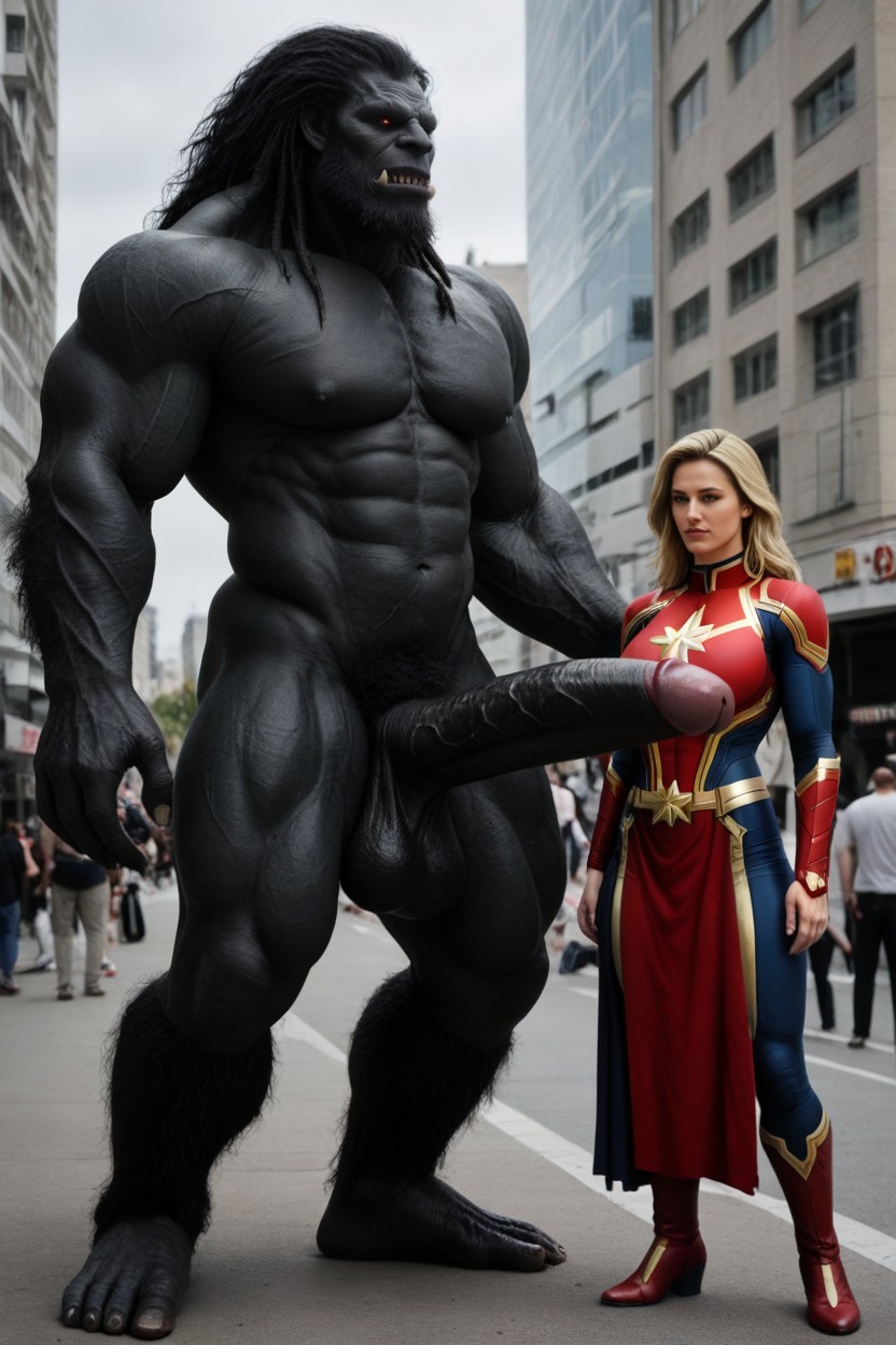 Full Body, Captain Marvel Half Height Of Monster, Woman Standing In Front Of Erect Penis And Looking Up AI Porn