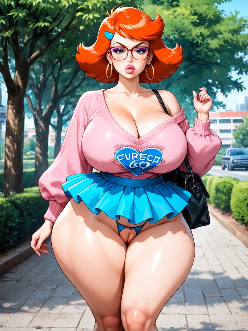 Thick Lips, Freckles, Pink Sweater With Deep Cleavage Hentai IA