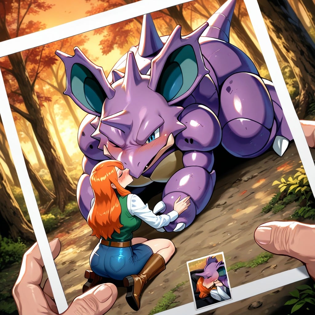 Male Hands Holding Photo With Woman And Nidoking, Fingers Gripping Picture Edges, Sparkling Blue Eyes AI Gay Porn