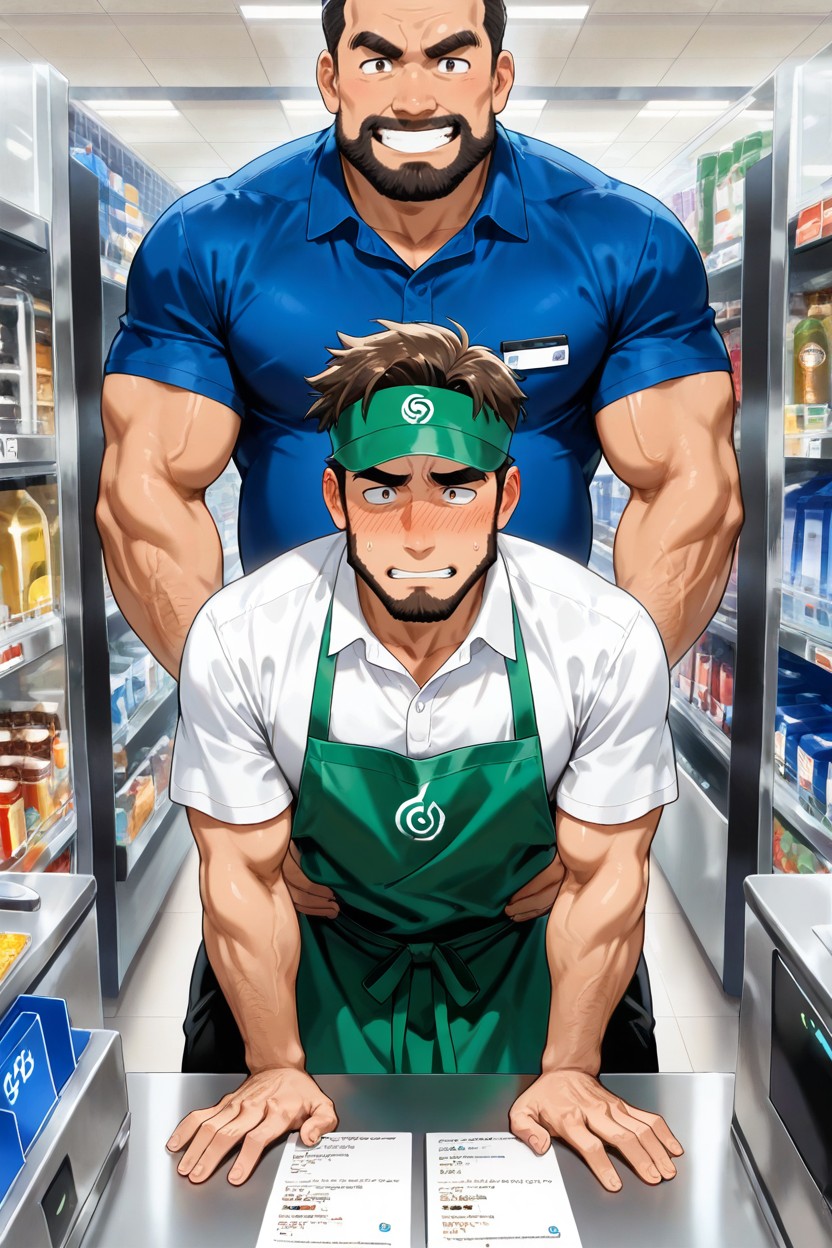 Cashier Wears A Green Visor, 18+, Manager Is Fat AI Gay Porn
