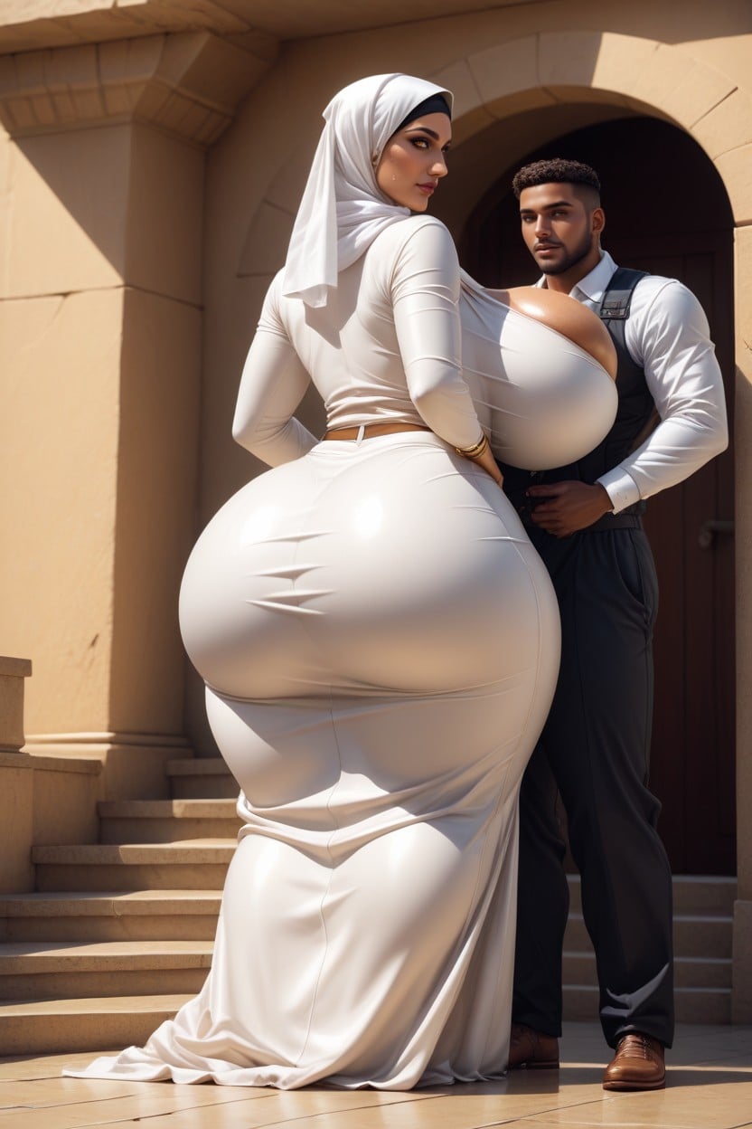 Couple, Colossal Breast, Wearing White Colour Hijab Hentai AI Porn