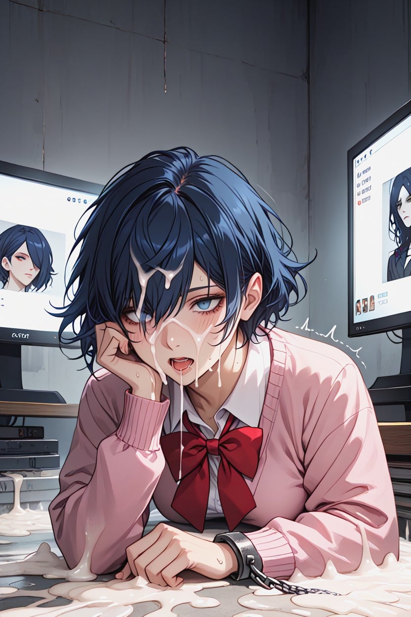 Faceless Man, Excessive Cum Overflowing From Pussy, A Lot Of Woman Photo Televising On The Big Tv Monitor On Background Hentai AI Porn
