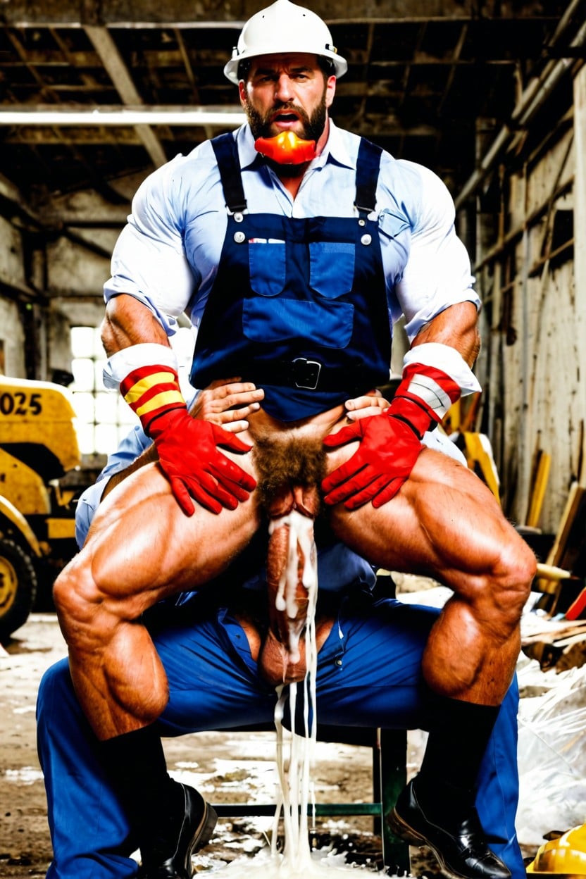 Open Mouth, Intimately Hugging Worker Man From Behind, Bigger Than Worker Man AI Gay Porn