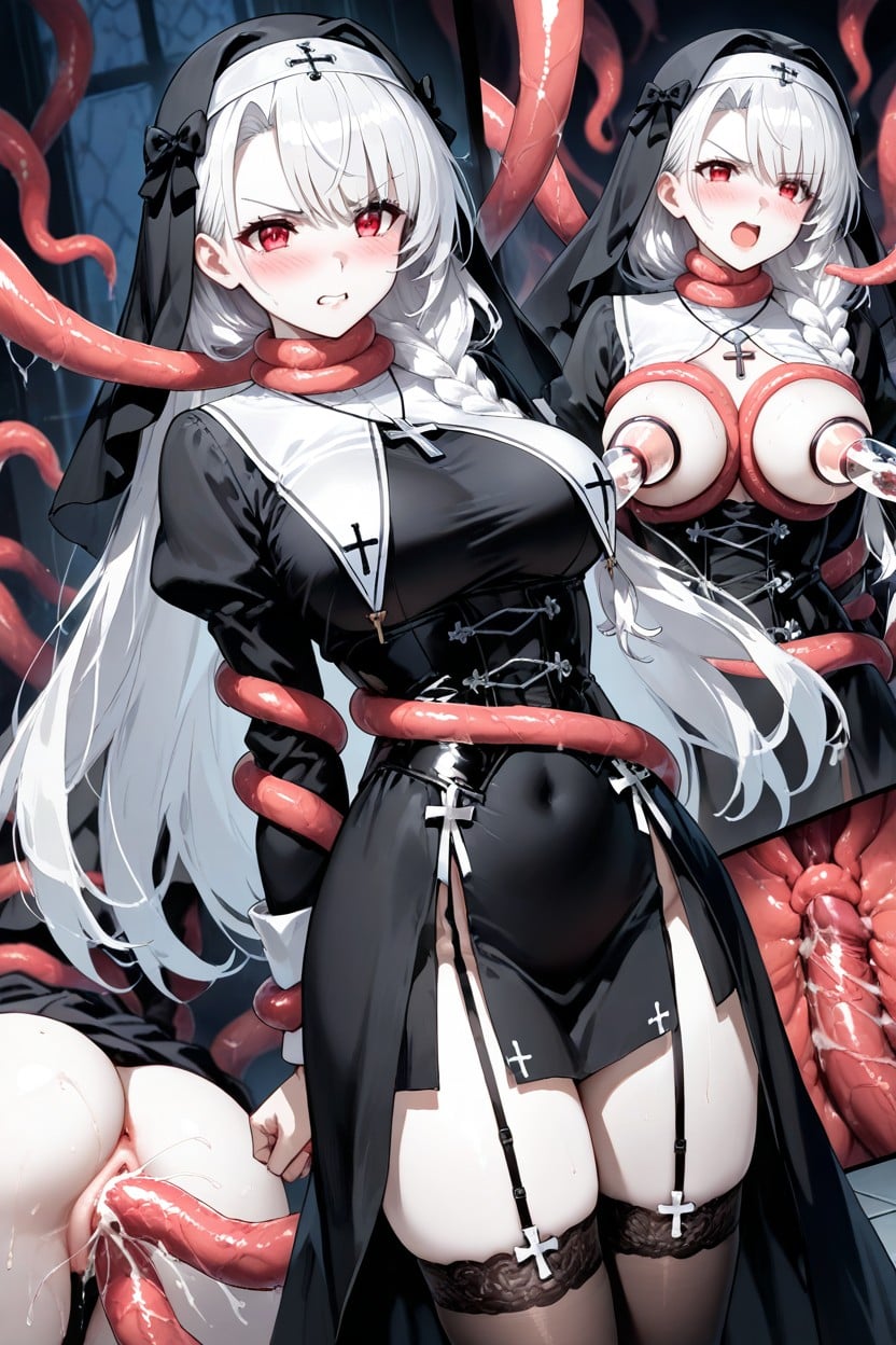 Elaborate Black Winged Headpiece, Translucent Black Hood, Tentacle Penetration In Pussy Hentai AI Porn
